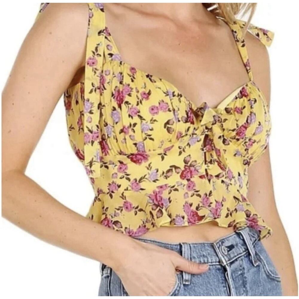 NWT For Love & Lemons Beaumont Yellow Silk Crop Top M Boho Floral Fairy Romantic